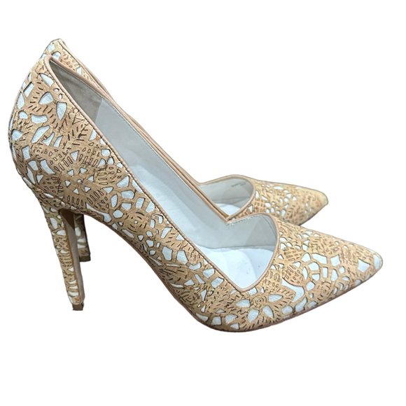 Alice + Olivia Dina Heel Natural Laser Cut Cork & White Canvas Sz 8.5 Excellent! - Picture 4 of 7